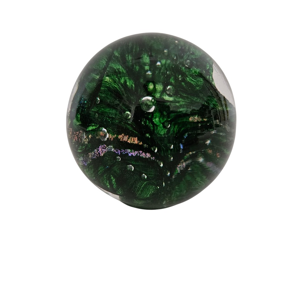 Green Art Glass Paperweight Signed Round Orb with Bubbles Galaxy Swirl